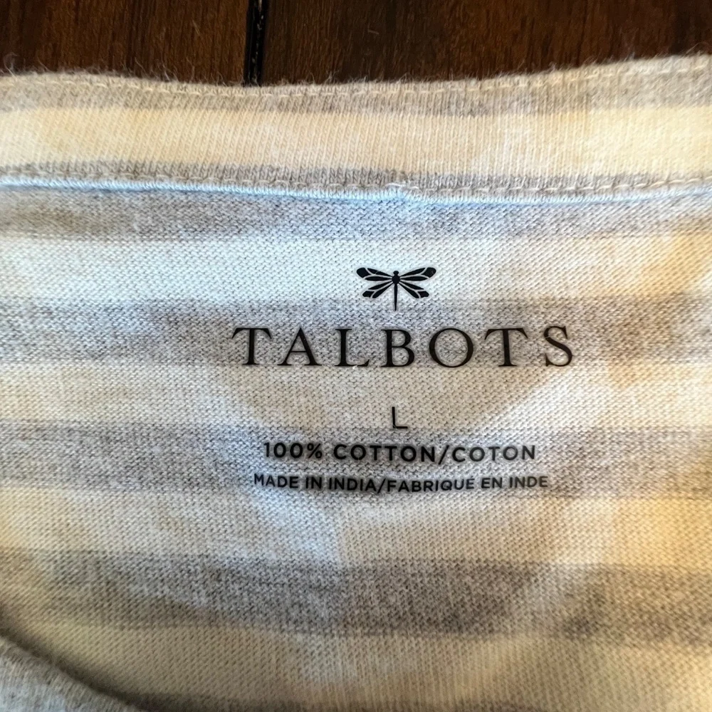 Talbots Gray & White Striped, Small raised Bow Studs, 3/4 Sleeve, Size Large - Picture 7 of 9